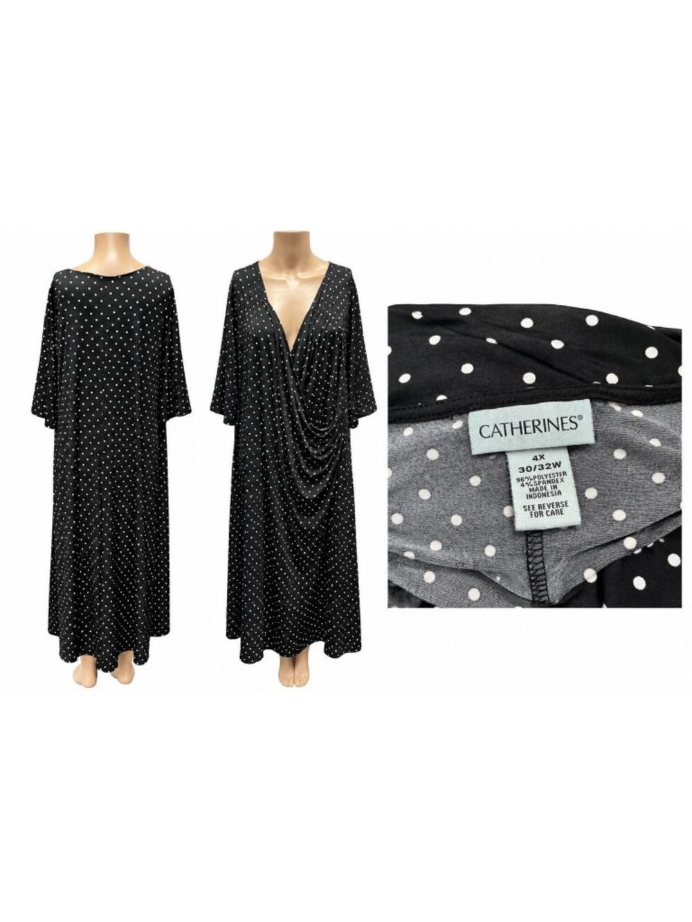 Catherines Womens Plus Size 4X Black White Polka Dot Draped Maxi Dress skuNN